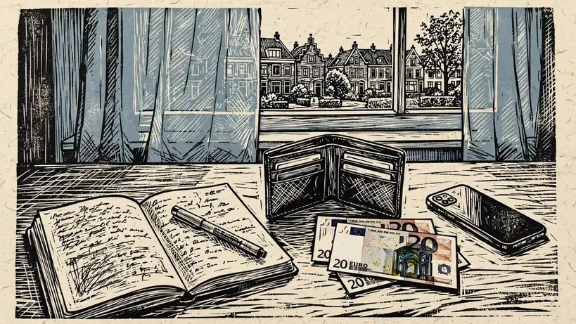 Notitieboekje met portemonnee en euro's op een tafel